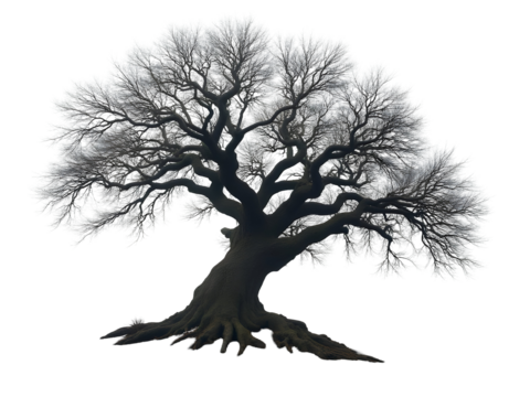A large old dried tree with thick gnarled roots and branches covered in a frosty white coating stands isolated against a pure  PNG file isolated on transparent background