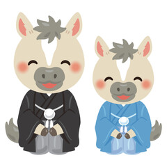 晴れ姿で笑顔な午年のキャラクター　親子