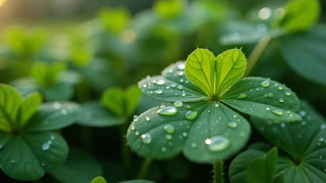 Cloverleaf with dew drops close up highlights nature's delicate beauty, evoking feelings of freshness and renewal. Lush cloverleaf with dew drops shimmers,