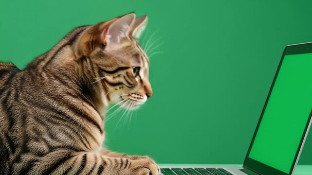 A tabby cat looks intently at a laptop screen with a green chroma key background