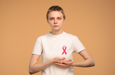 Woman with Pink Ribbon for Breast Cancer Awareness