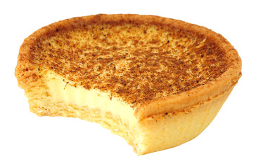 Egg custard tart with all butter pastry filled with egg custard filling and topped with nutmeg isolated on a white background