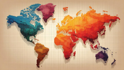 Colorful world map with vertical lines and warm tone background