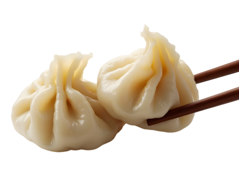 Two Steamed Dumplings Held by Brown Chopsticks Against PNG file isolated on transparent background,
 Closeup Shot of Delicate Pleats and Soft Texture of Off White Dumplings