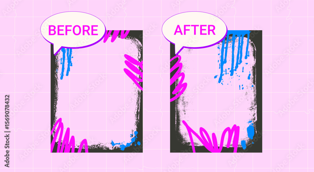Poster before and after template. graffiti retro frames for photo comparison with speech bubble text. compe