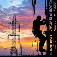 Power Line Worker Working on Power Tower at Sunset