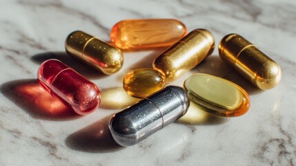 Colorful vitamin capsules scattered on marble surface texture