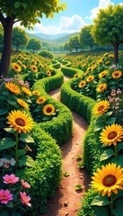 Sunflowers Maze A Whimsical Summer Adventure.  Bright yellow blooms and lush greenery form a playful winding path, perfect for a cheerful vacation photo or summer design.