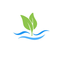 green leaf design icon with water waves