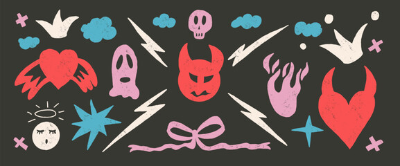 Devil multi colors doodles set. Demon and angels wax crayon drawn background. Scribble grunge love elements. Hearts, bows, clouds and sketch shapes. Vector naive illustration by pencil or chalks.