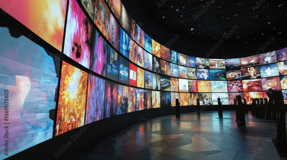 Poster colorful images displayed on many screens in a circular arrangement.