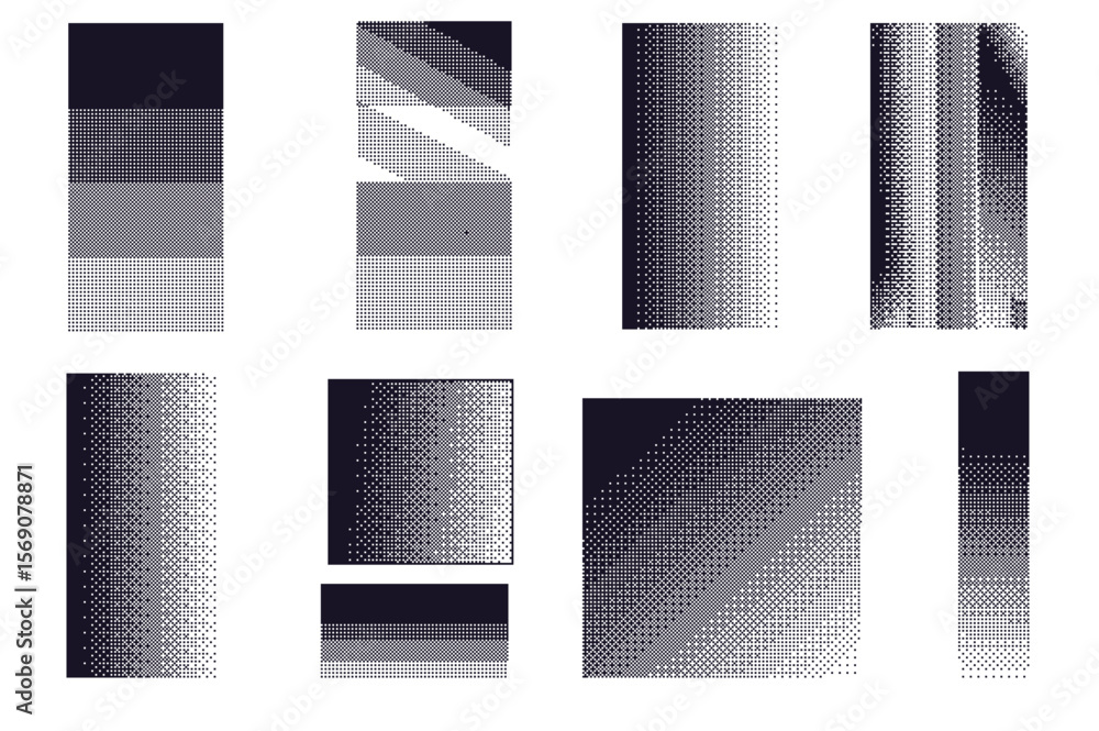 Poster pixel different halftone backgrounds set . 8 bit patterns bitmap dither effect. black graphic gradie