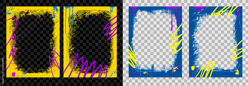 Poster grunge templates frame with urban scribbles. graffiti spray art mockup sticker backgrounds set. bord