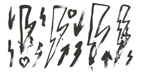 Lightning graffiti drawn set. Spray paint hand drawn thunderbolts, arrows and hearts elements isolated on white background. Grunge brush textured shapes. Urban street doodles. Vector illustration.