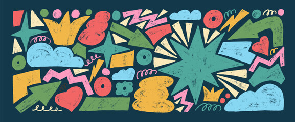 Playful geometric shapes crayon drawn set. Stars, crown, arrows and vector figures by pencil Organic colorful playful stickers doodle isolated on dark background. Graphic hand drawn funky elements.