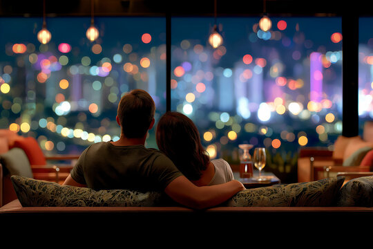 Couple Relaxing on Sofa Enjoying City Lights from High Rise View, motion blur Business concept, motion bokeh background