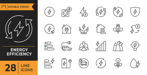 Efficiency energy outline icon set. Containing energy saving, electricity, light bulb, energy consumption, and more. Editable stroke. Vector illustration