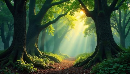 Serene Sunlight Dapples Ancient Forest Canopy Mystical Heart of the Woods
