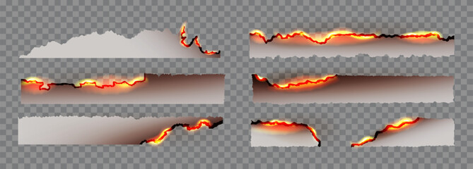 Set of burning and smoldering sheets of paper. Scraps of paper with jagged edges of different shapes. Vector design elements for websites, social networks, advertising materials, packaging, games
