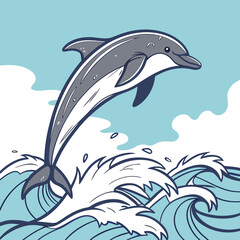 Naklejka premium Joyful Dolphin's Leap: A charming illustration of a dolphin leaping gracefully through the waves, painted against a breezy, idyllic seascape.