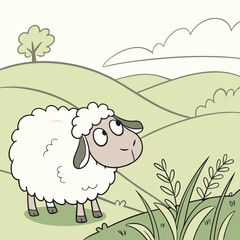 Obraz premium Contemplative Sheep in Verdant Pasture: A charming cartoon sheep with fluffy wool gazes upwards in a green pasture with rolling hills, embodying a childlike wonder and peaceful nature.