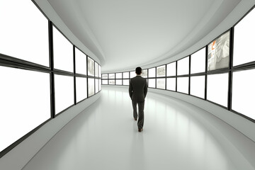 Man Walking in Modern Hallway with Multiple Blank Display Screens, motion blur Business concept, motion bokeh background