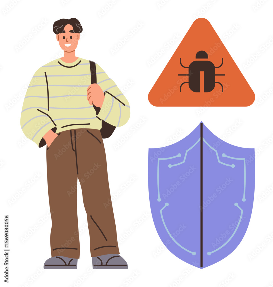 Poster young man with a bag beside a warning triangle with a bug icon and a shield symbolizing cybersecurit