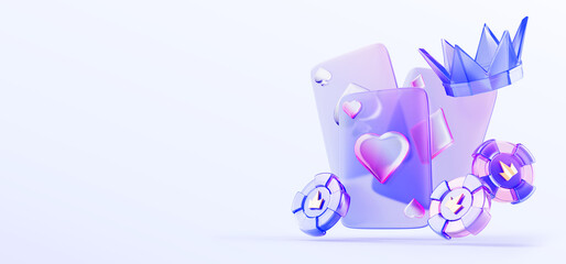 3d glass holographic casino poker cards, vip chips with crown on blue game background. Playing online blackjack banner with gambling tokens, cards with hearts, spades, diamonds icons. 3D illustration