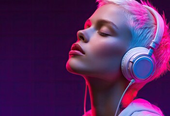 A profile shot of an albino woman with very short hair, wearing white and pink neon and headphones around her neck