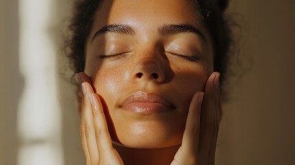 Brazilian woman applying facial massage techniques during self care moment with serene expression showing natural beauty and skincare routine in home setting