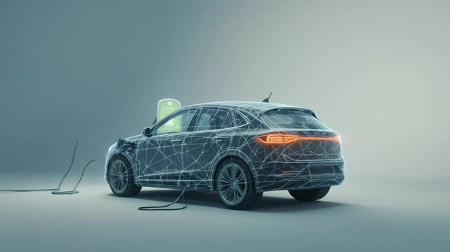 EV or electric vehicle at charging station with power cable attached. Eco-friendly sustainable energy concept. 4k video