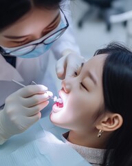 Close-up of East-Asian dentist applying fluoride treatment to young patient teeth focusing on preventive dental care in soft professional pediatric clinic atmosphere