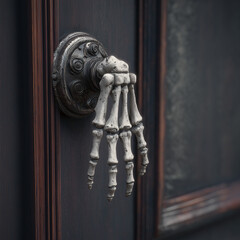 Skeleton hand door knocker on vintage wooden door exterior  