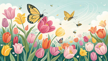 Obraz premium Spring garden flowers with bees and butterflies illustration vector art design for seasonal backgrounds
