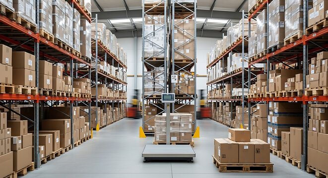 A warehouse interior featuring shelves stacked with cardboard boxes and a weighing scale in the foreground.