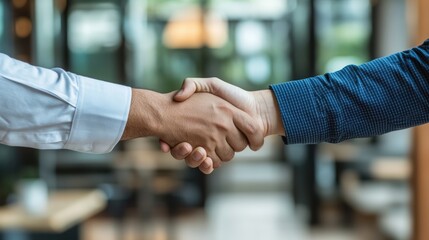 Two business partners shake hands in modern office, symbolizing trust, collaboration, and successful partnership in a corporate environment focused on professional growth and mutual achievement.