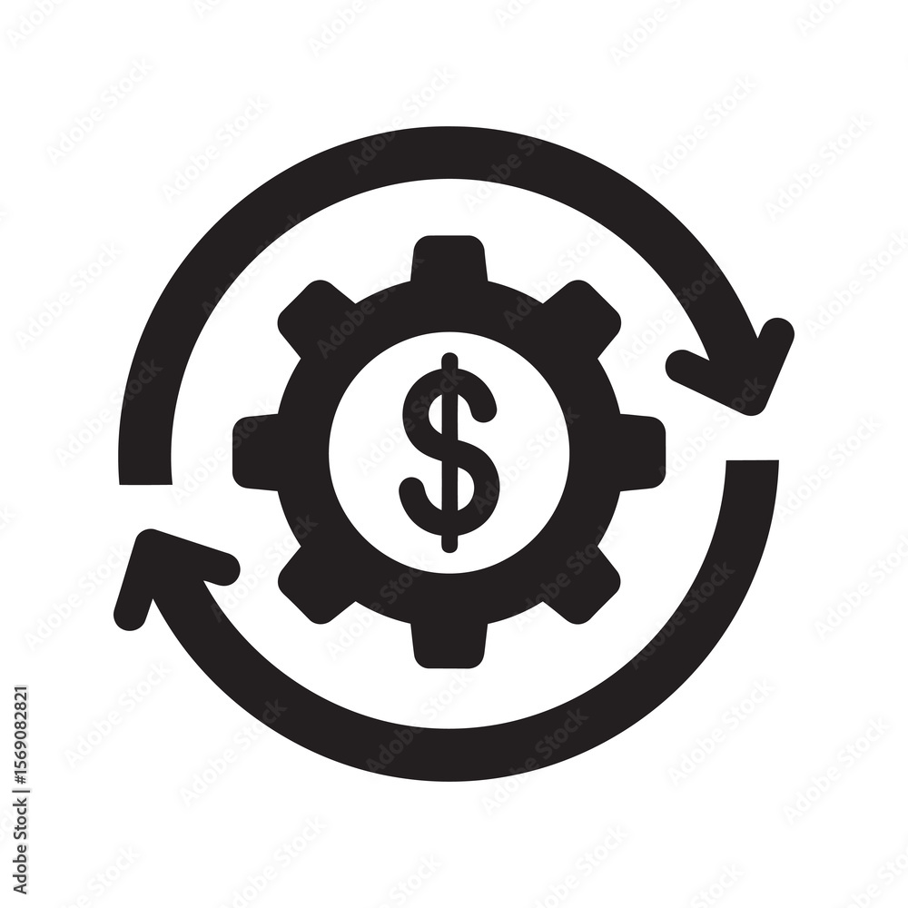 Poster cost management icon with a gear and dollar sign inside a cycle arrow representing financial process