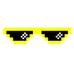 Yellow pixel sunglasses icon illustration with flat style design. Application, web, social media, sticker, banner, poster, lego. © Erlin