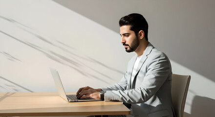 Arabian young man working on laptop computer in bright office, focused adult male professional engaged in remote business.