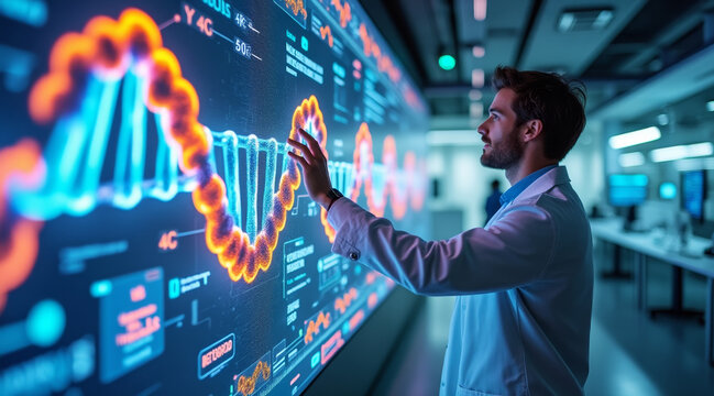 Synthetic Biology concept ,Interactive DNA wall futuristic lab scientist analyzing genetic data with advanced technology