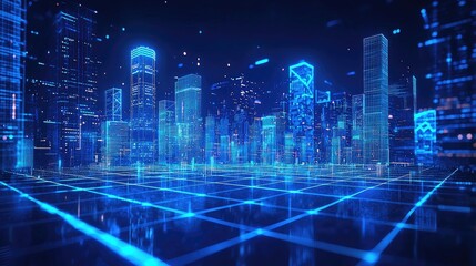Futuristic city skyline with digital network overlay.