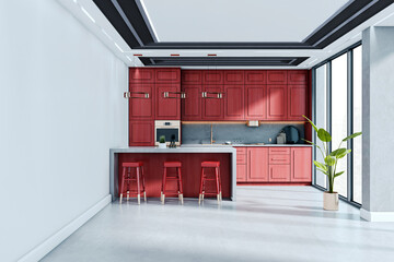 Modern red cabinet kitchen interior with island, stools, and large windows in bright city apartment...