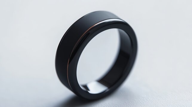 Smart ring wearable technology device tracking fitness metrics and syncing with smartphone app in sleek minimalist design, modern health monitoring concept