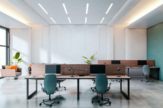 Modern empty office interior with minimalist design, sleek desks, computers, and stylish chairs in spacious contemporary workspace setting. 3D Rendering