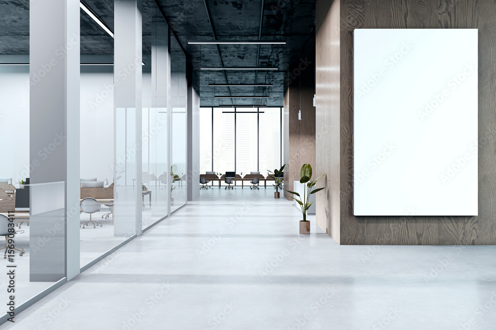 Poster modern office hallway with vertical blank canvas display on wood wall and open workspace with glass 