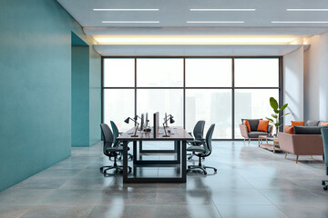 Modern minimalist office interior with shared desk and bright lounge area against large city view...