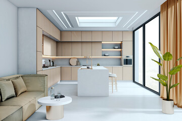 Modern beige kitchen interior with island, sofa, and large window with city view, featuring contemporary design and natural lighting concept. 3D Rendering