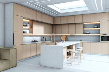 Bright modern kitchen interior with beige cabinets, island bar, and skylight ceiling in luxury home design concept, creative corner layout. 3D Rendering