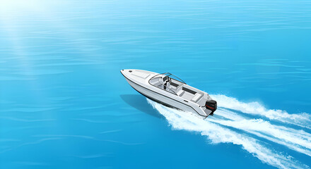 White speedboat on vibrant blue ocean with wake. Ideal for travel or leisure ads, highlighting dynamic adventure.