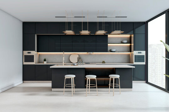Modern dark kitchen interior with island, bar stools, and backlit cabinets in a bright high-rise apartment with city view and elegant design. 3D Rendering